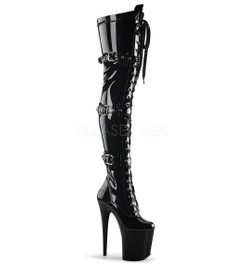 Ботфорты с ремнями на платформе Pleaser черные лаковые FLAM3028/B/M