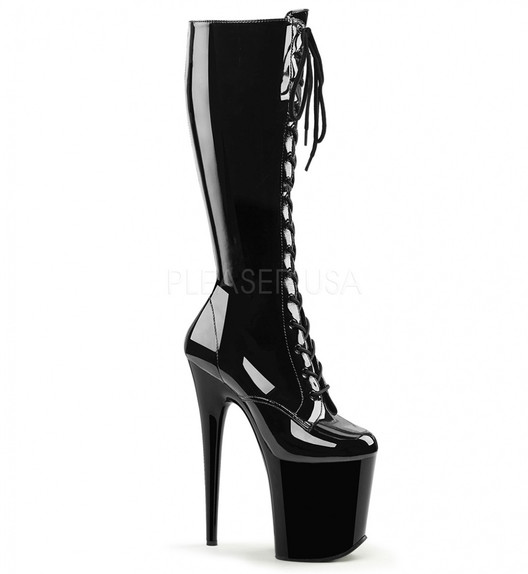 Сапоги на платформе Pleaser черные лаковые FLAM2023/B/M