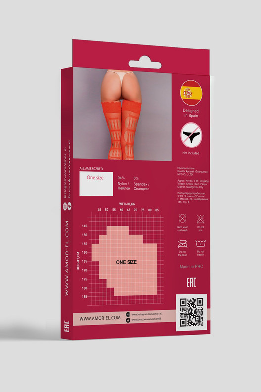 Чулки красные в мелкую сеточку с рисунком сзади