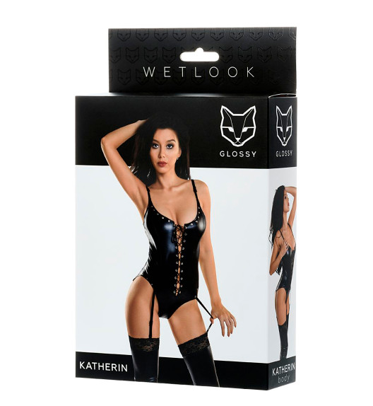 Боди черное Katherin Glossy на шнуровке