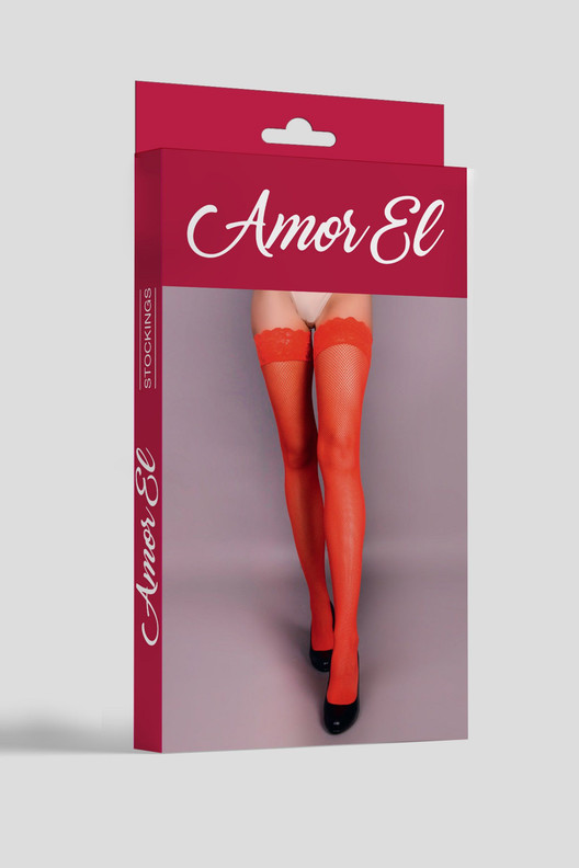 Чулки красные в мелкую сеточку с рисунком сзади