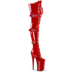 Ботфорты с ремнями на платформе Pleaser красные лаковые INF3028/R/M